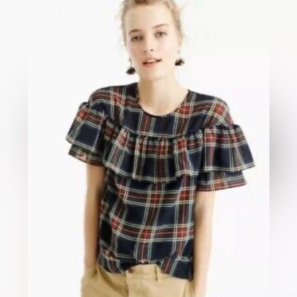 J. Crew, size 6 Edie Stewart Tartan Plaid Fun Ruffled Top, short sleeve